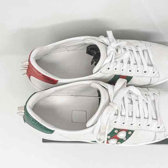Gucci Ace Web Embellished Spikes & Studs White Leather Lace Up Sneakers EU 38 - Picture 8 of 8